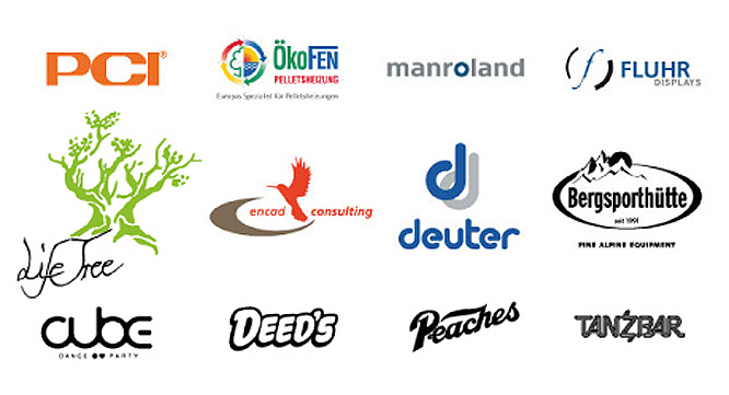 Referenzen von Siebdruck Ketzler: PCI Augsburg, ÖkoFEN Pelletheitung, deuter, Bergsporthütte, man ROland, Fluhr Display, life free, encad consulting, cube dance party, Deed's Peaches, Tanzbar